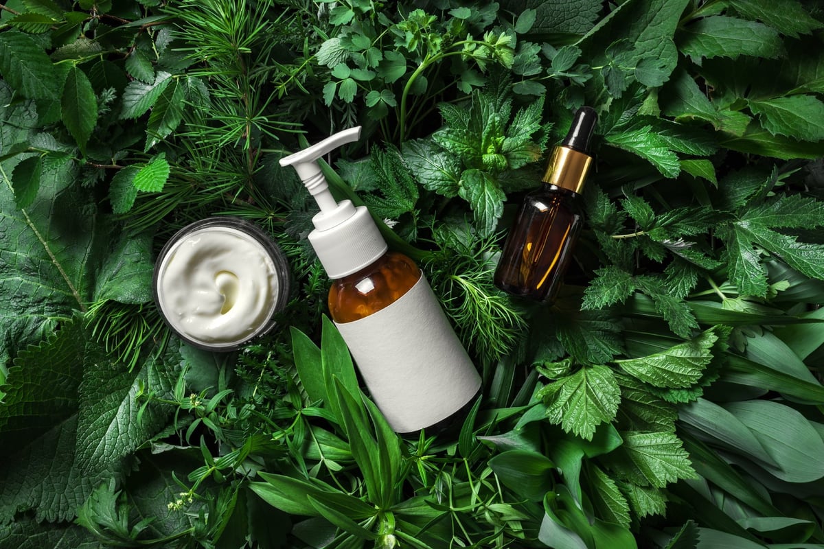 Cosmetic skin care products on green leaves, natural eco beauty concept
