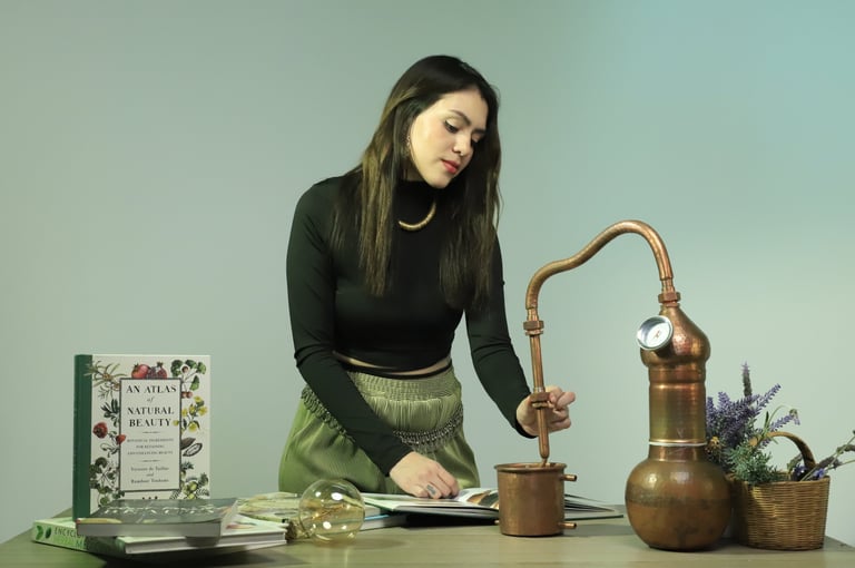 Miranda Guzmán, Fitoterapeuta y Naturópata, en su espacio de herbolaria con libros y plantas medicinales