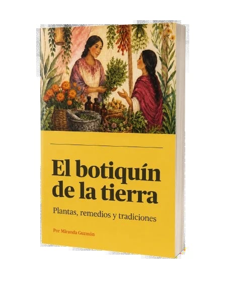 Book cover El botiquín de la tierra showing two women in a garden with plants and flowers, yellow banner with title and subtitle about herbal remedies