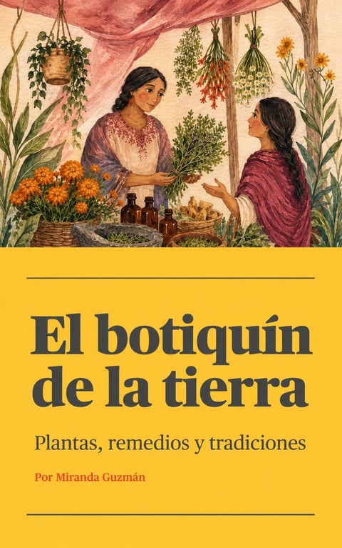 Book cover for El botiquín de la tierra showing two women discussing herbs in a garden with hanging plants and flowers